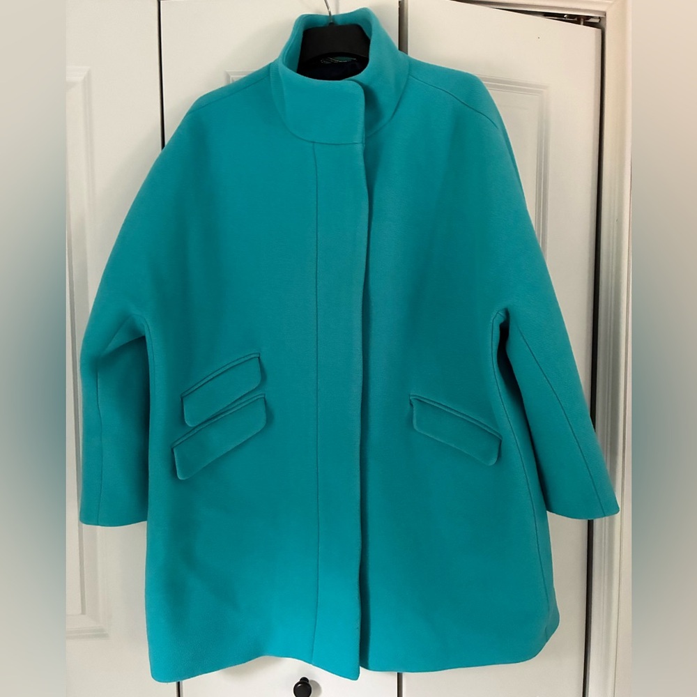 J Crew Cocoon Coat  Italian Stadium-cloth wool; turquoise blue.  Fits sz 14-16.